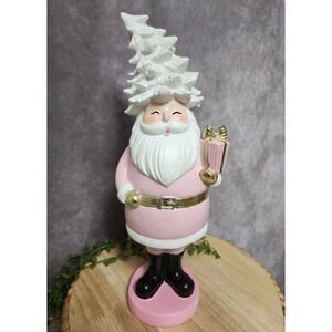 Pink Gold Santa Claus Christmas Tree Hat Resin‎ Figure Holding Gift Figurine 12"